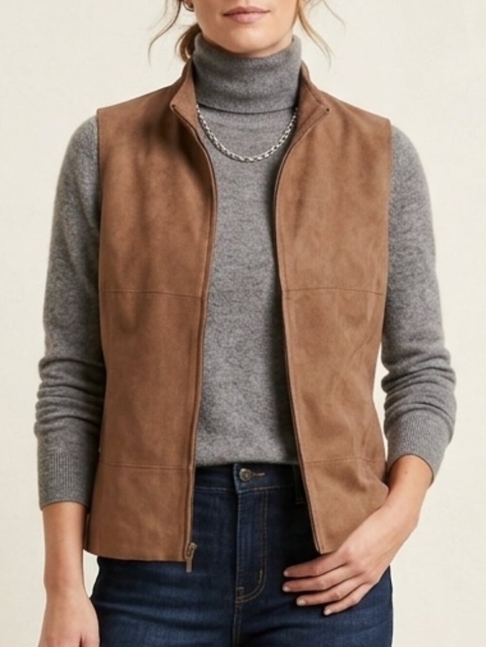 Vintage Studio London Brown Suede Full Zip Sleeveless Lined Vest Size M